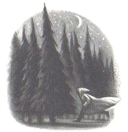 Black and white drawing of Harry Potter running into the forbidden forest